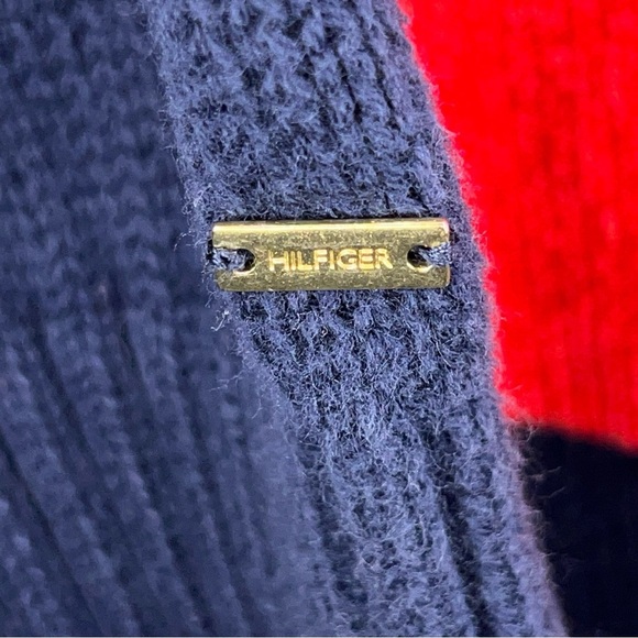 Large Tommy Hilfiger Blue Red White Colorblock Mens Sweater Preppy Academia - Picture 6 of 11